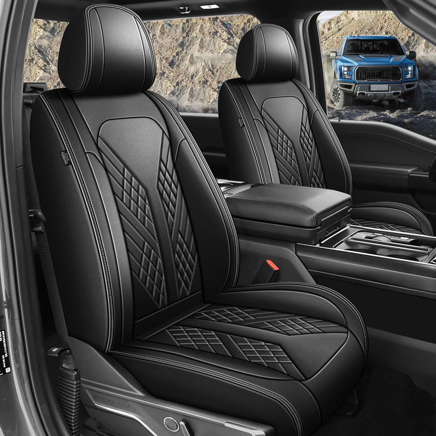 JIAMAOXIN Front Seat Covers for Ford F150 2009-2024 2025 2026 - F250/F350/F450 2017-2024 2025 2026: Custom Faux Leather Truck Seat Covers Car Cushion (2 PCS Front,Black)