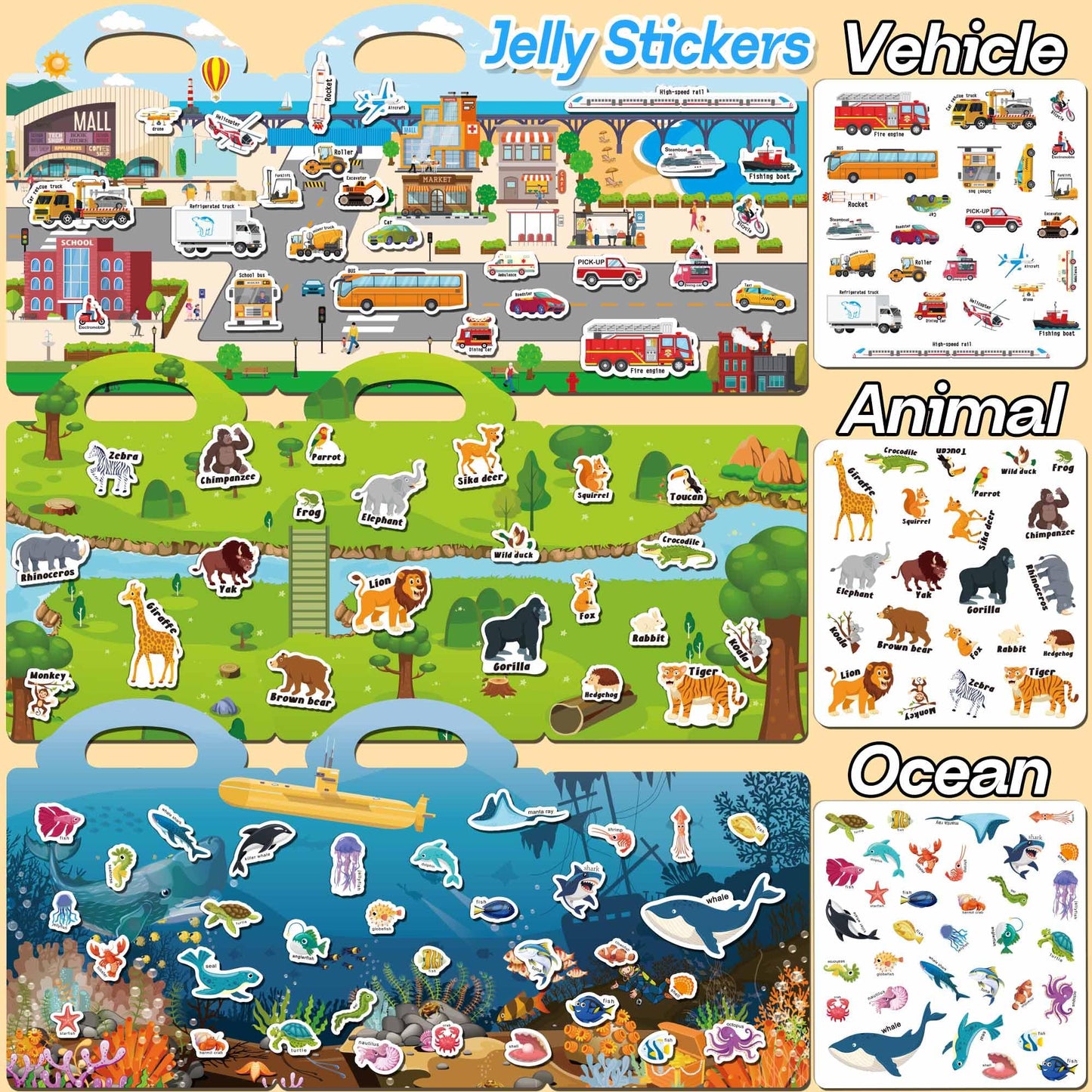 iGetooy 6 Sets Reusable Sticker Book for Toddlers 1-3, Jelly Sticker Books for Toddlers 2-4 Years, Toddler Travel Toys for Kids 2 3 4 Year Old Girls Boys