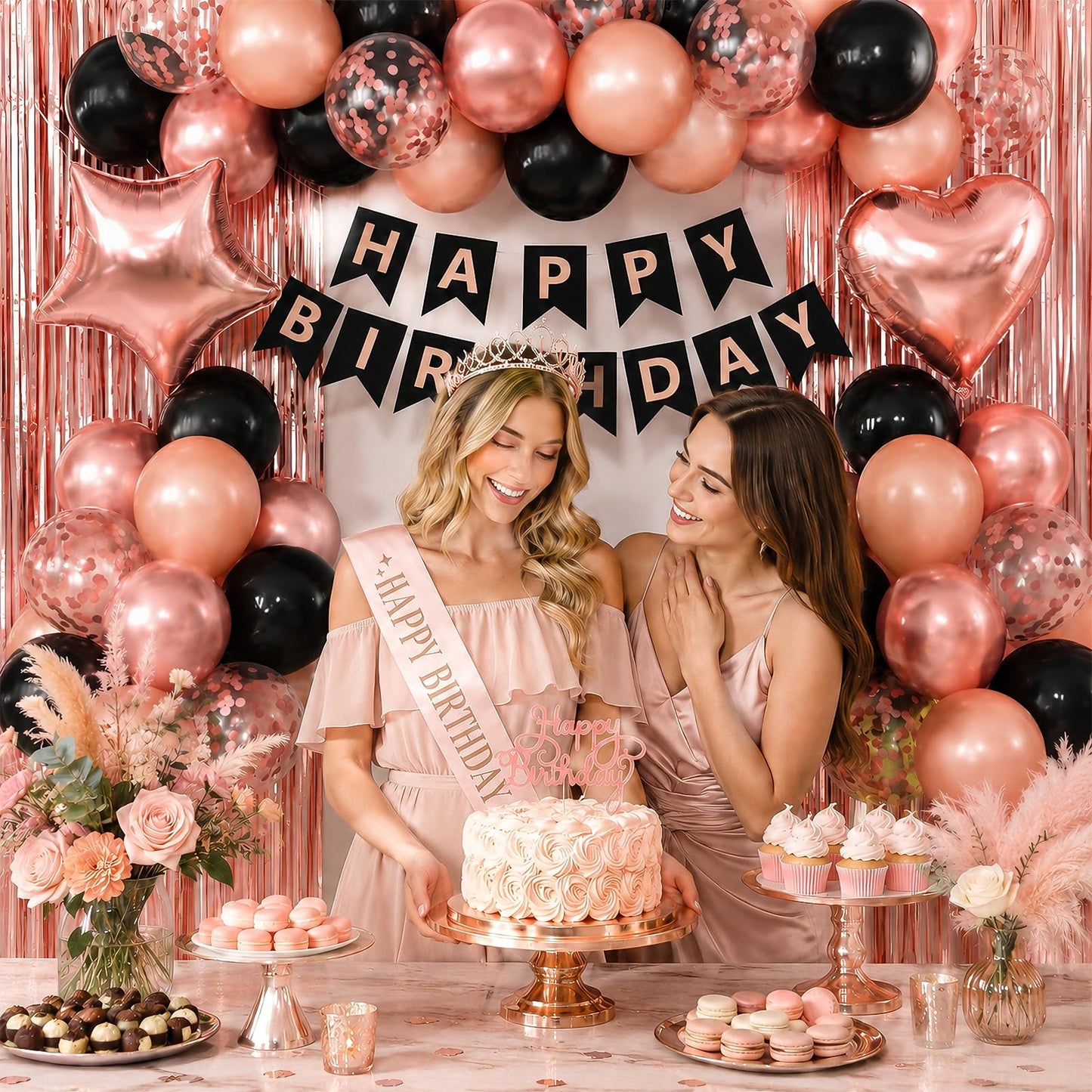 Black Rose Gold Birthday Decorations for Women Girls,Rose Gold Latex Balloons with Happy Birthday Banner,Fringe Curtain,Cake Topper,Sash and Crown for Birthday Party Supplies