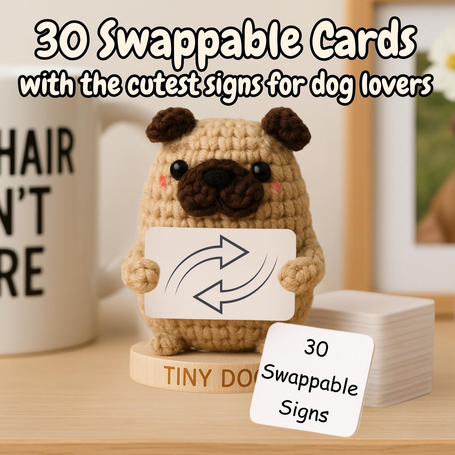 Dog lover Gifts for Women - Handmade Positive Crochet Animal W/ 30 Uplifting Signs - Funny Birthday Gifts for Dog Mom, Cute Present Idea for Women for Mothers Day, Emotional Support Office Desk Decor