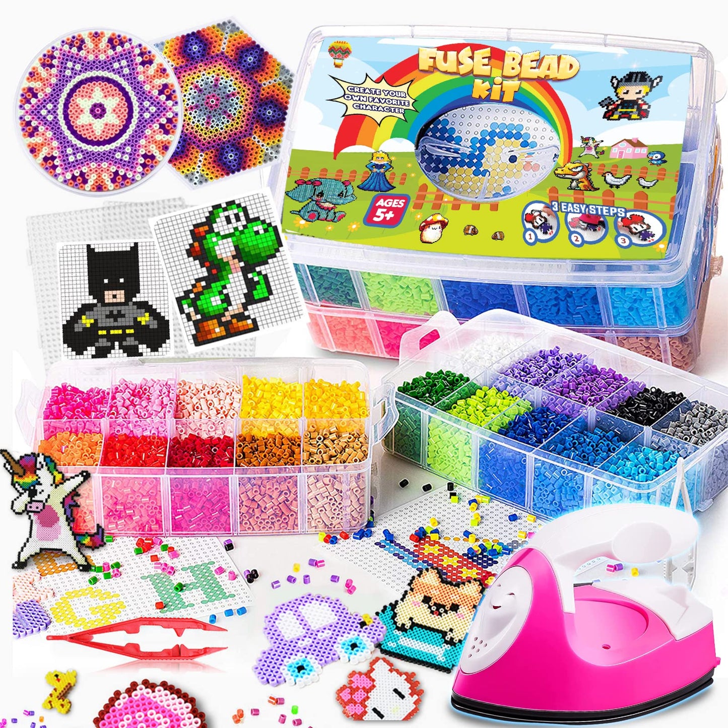 Goody King Board Fuse Beads Iron Set - Fuse Beads Kit for Kids Crafts with Bead Pegboard and Aqua Pony Beads, Pixel Art and Craft Bead Kit (Large Set with Iron)