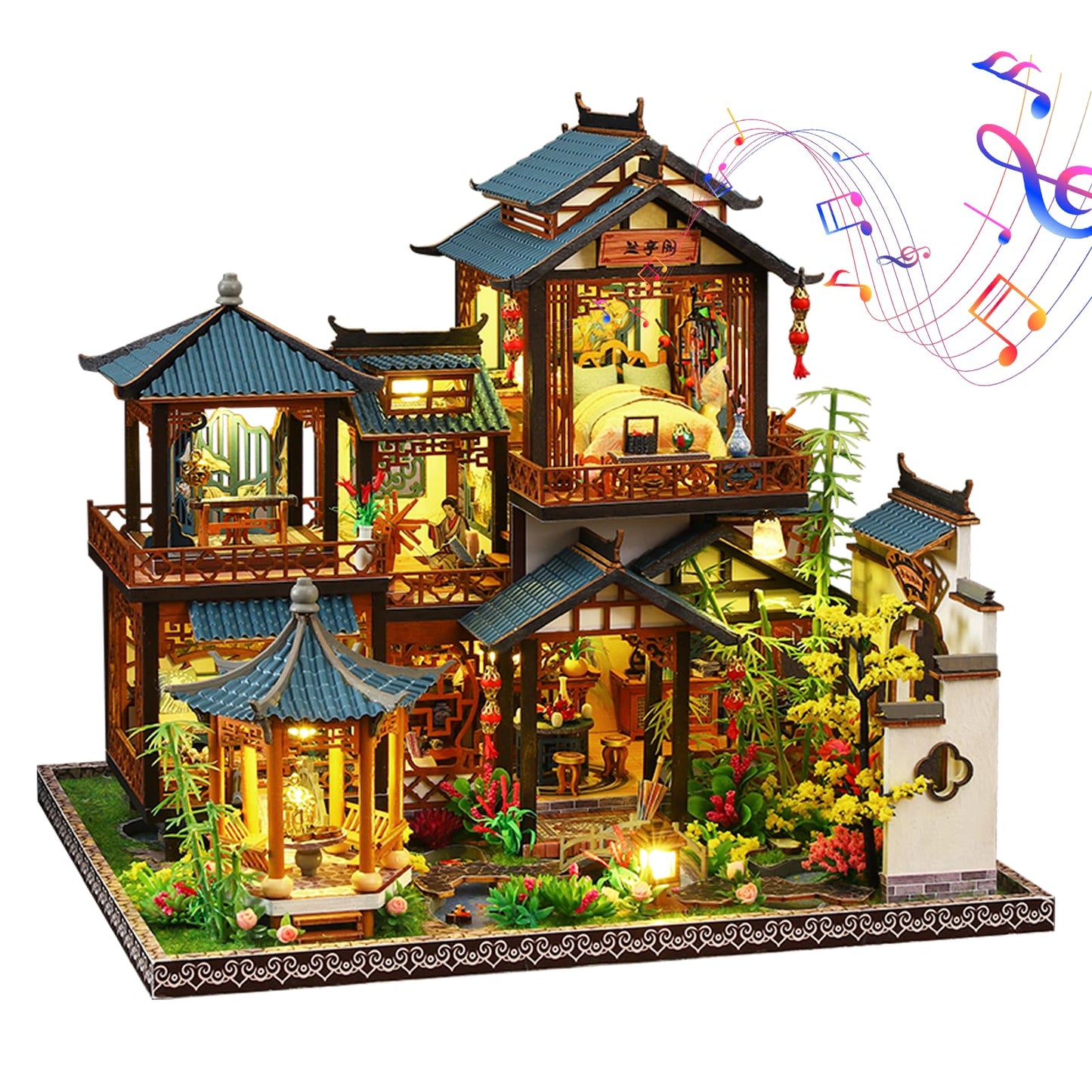 Plustopoy DIY Miniature House Kit: Villa Tiny House Kit with LED Light - DIY Wooden Dollhouse Miniature Kit for Adults Teen, Wooden Crafts Vintage Courtyard Doll House Kit, Great Handmade Crafts Gift