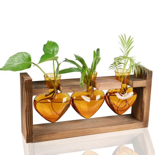 Kingbuy 3-Heart Plant Terrarium Kit - Stained Glass Vase Propagation Station with Vintage Wood Stand - Wall-Mounted Tabletop Indoor Garden Decor for Home Kitchen Wedding Gift for Plant Lover, Amber