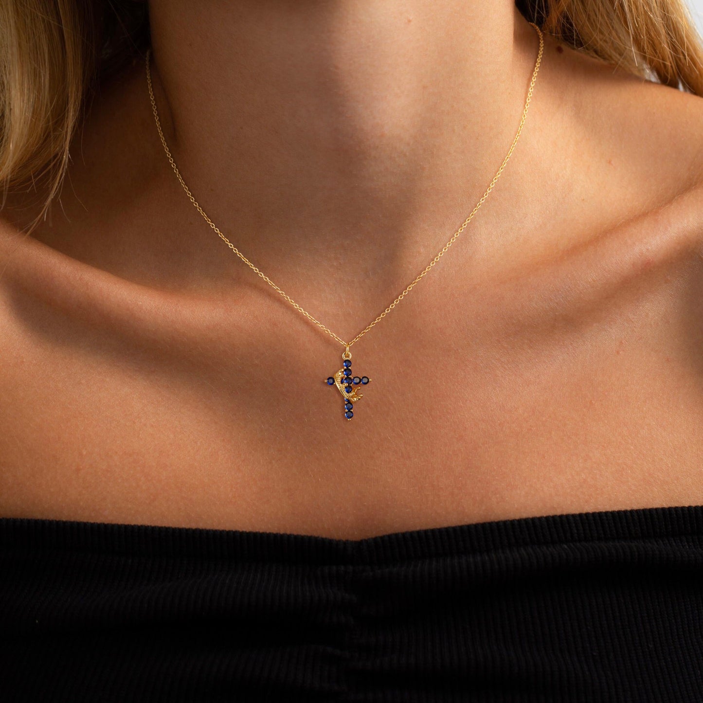 Robaice Birthstone Crown Cross Necklace for Women, Gold-Plated Christian Faith Necklace, Cross Jewelry Gift for Women, September Blue Sapphire Gift