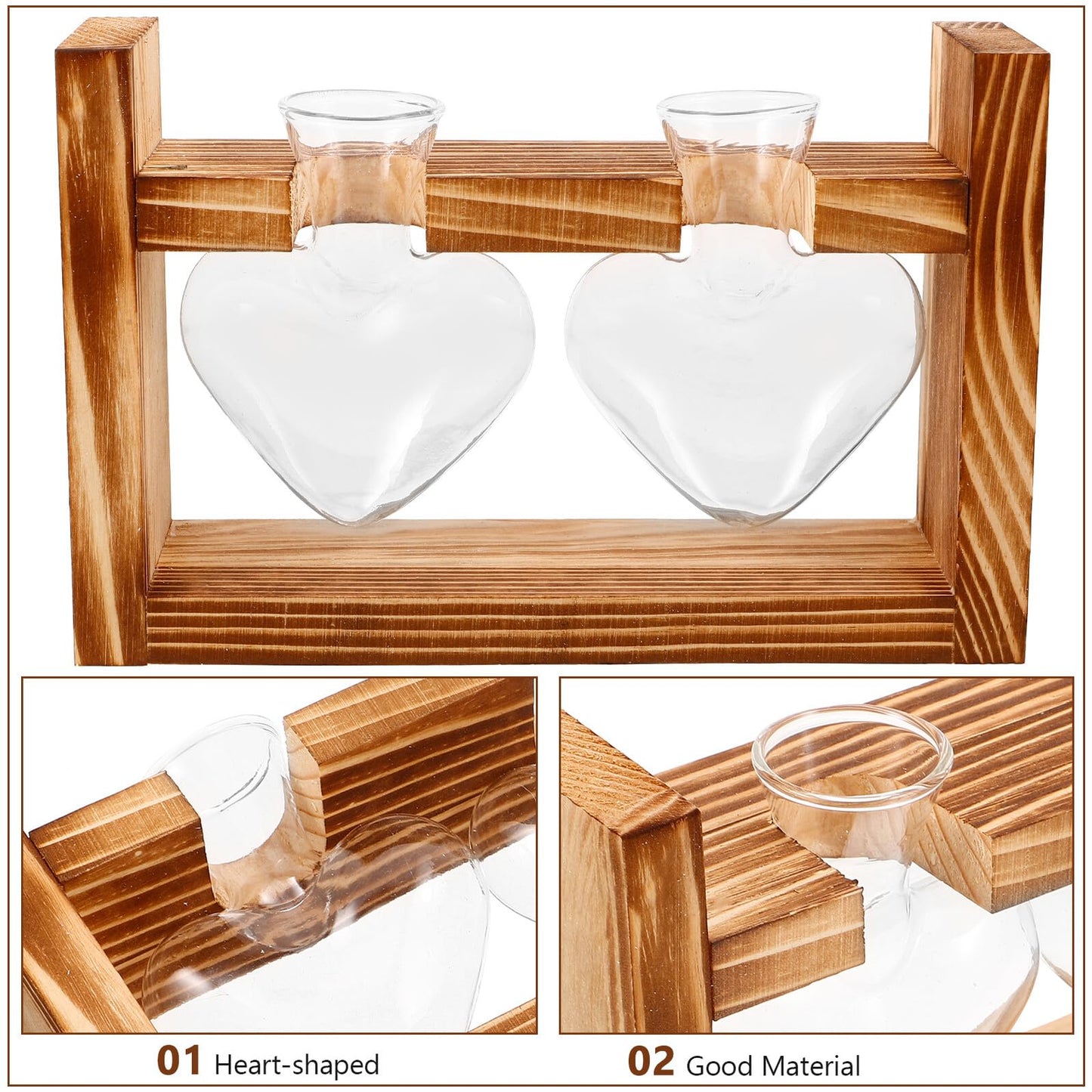 KESYOO Heart-Shaped Hydroponic Glass Planter Vase with Wooden Stand Glass Terrarium for Indoor Plants Home Décor Flower Pot Set with 2 Vases and Rustic Frame