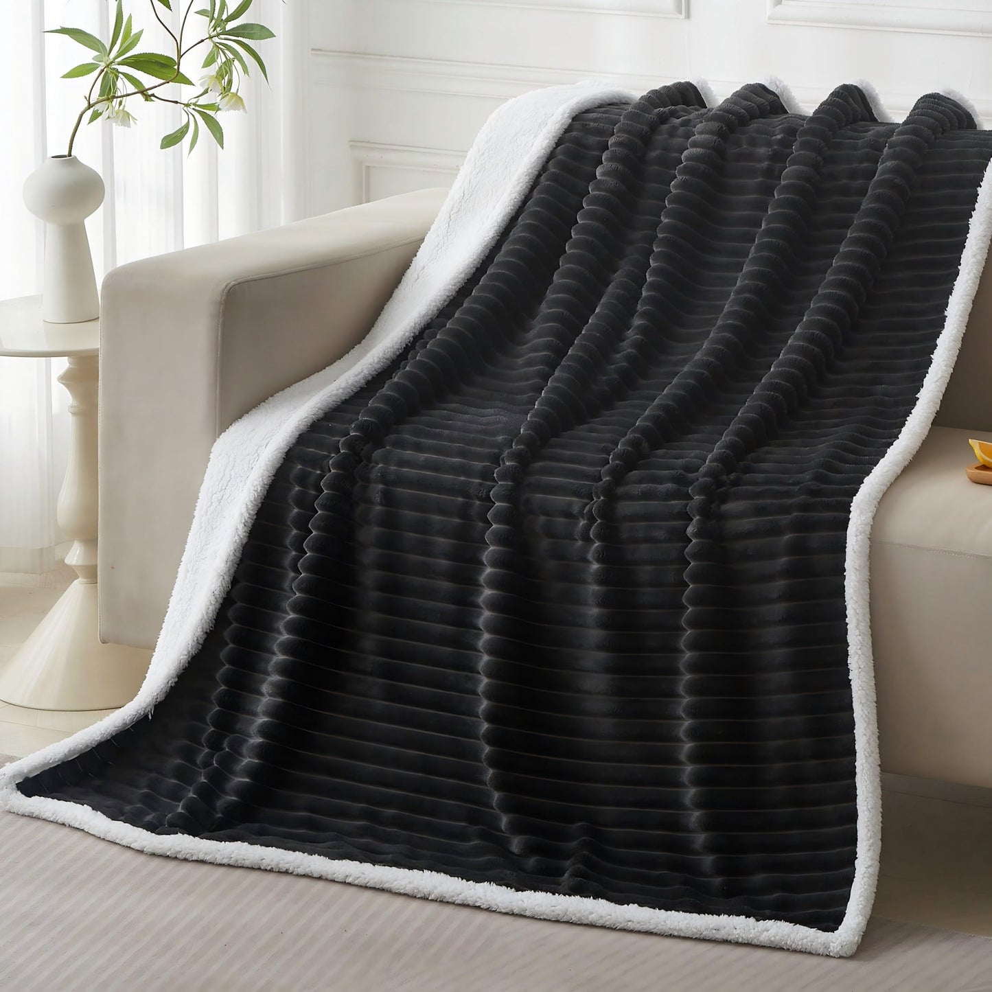 COZYXWORLD 520GSM Heavyweight Sherpa Fleece Blanket 60x80 Inches, Double-Layered Striped Throw for Couch and Sofa, Extra Thick Warm Bed Blanket, Oeko-TEX Certified, Dark Grey