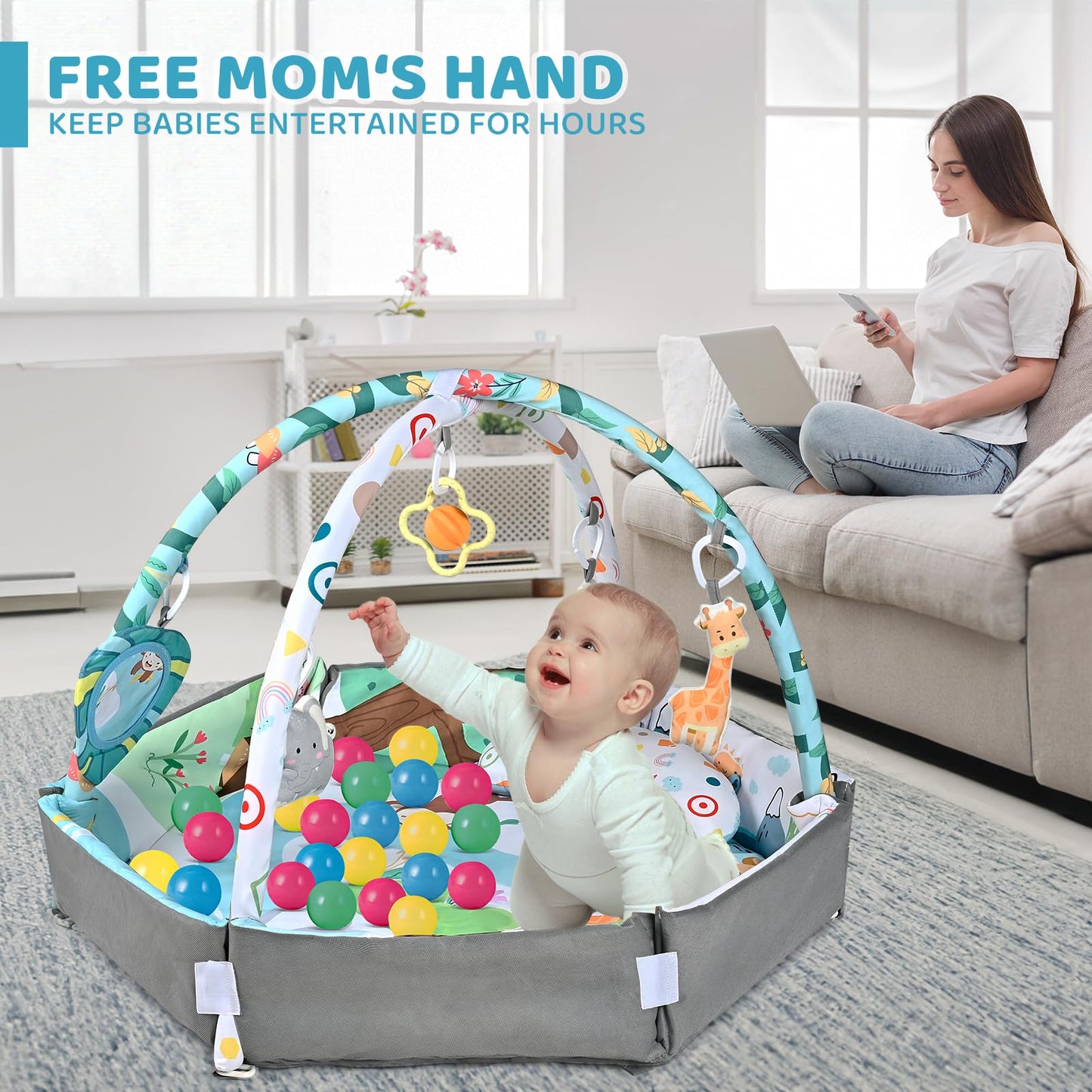 Baby Gym Play Mat, 8-in-1 Tummy Time Mat & Ball Pit with 6 Toys, Washable Baby Activity Play Mat for Visual, Hearing, Sensory, Motor Development, Baby Toys Gift for Toddler Infant 0-3-6-9-12 Months