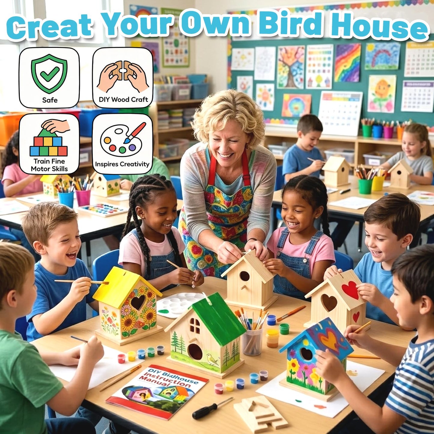 AluAbi 2 Pack DIY Bird House Kit, Thickened Wooden Birdhouse Crafts for Kids with Paints Brushes Screwdriver, DIY Arts and Crafts for Children, DIY Birdhouse Set for Halloween Christmas Birthday