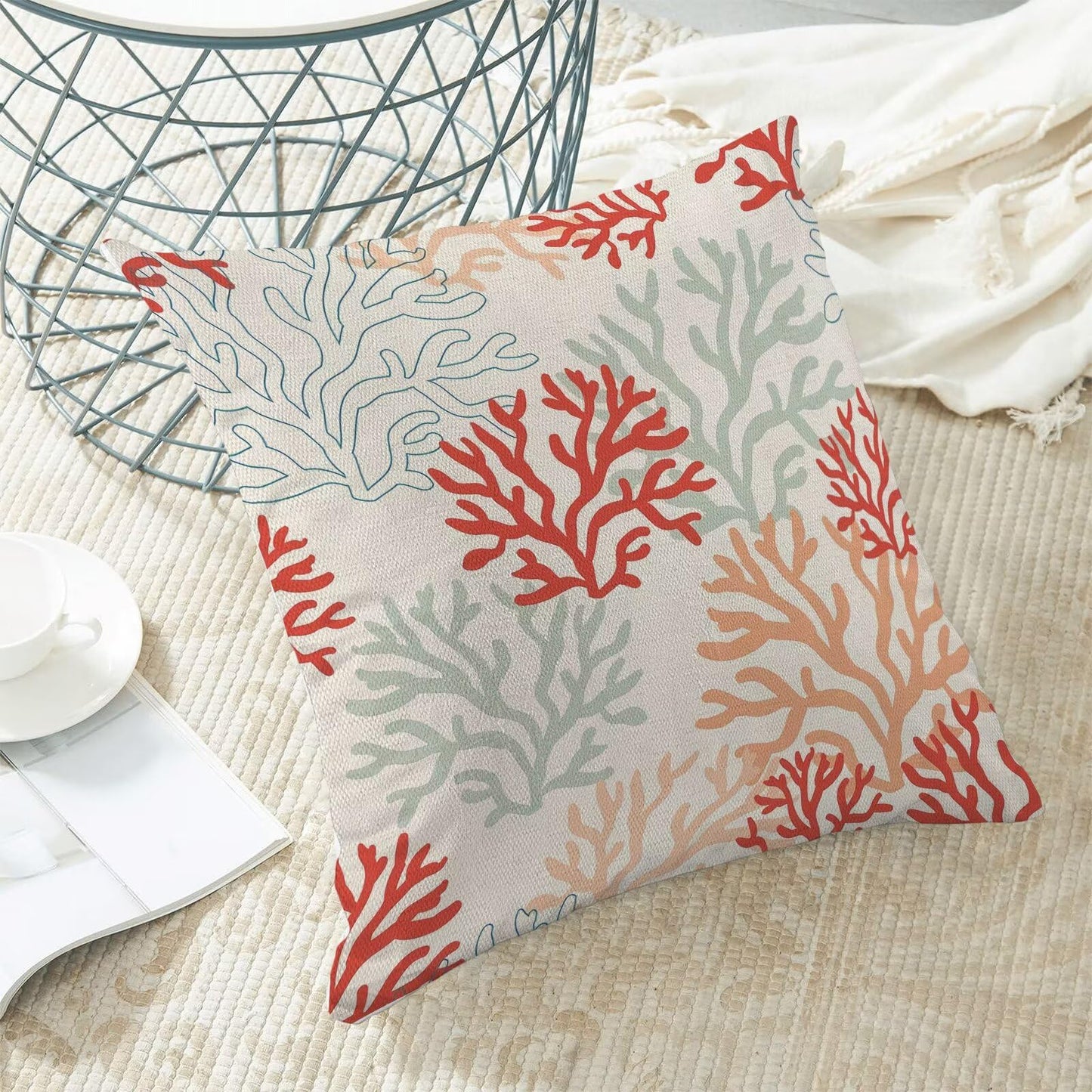 Coastal Ocean Pillow Covers 16x16 Inch Set of 2, Summer Sea Coral Teal Outdoor Decorative Nautical Beach Throw Pillows Summer Coastal Couch Cushion Case for Chair Sofa Bedroom Living Room Decor