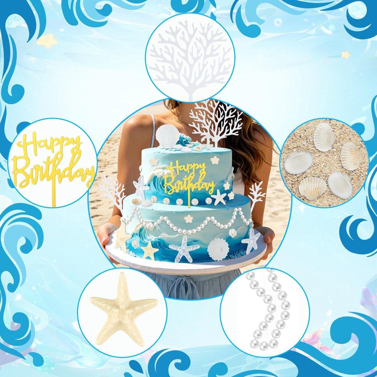 Prospura 34Pcs Beach Cake Topper Set, Under the Sea Theme Decorations with Golden Happy Birthday Sign, Ocean Seashells Starfish Conch for Summer Birthday Party Supplies