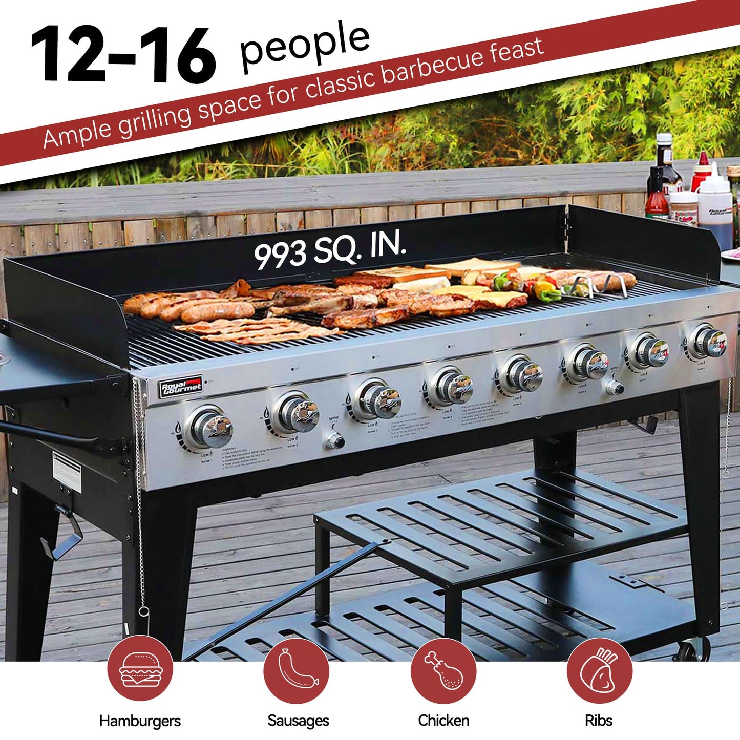 Royal Gourmet Event 8-Burner BBQ Propane Gas Grill with Cover, Picnic or Camping Outdoor