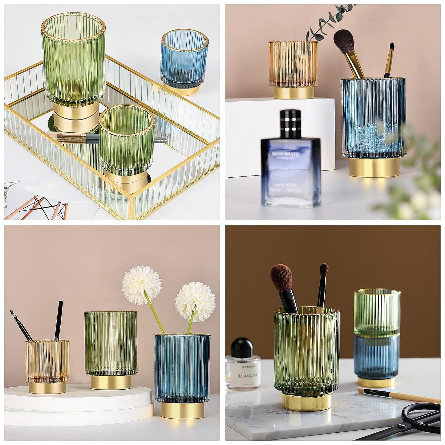 DASITON Makeup Brush holder Organizer,Crystal Cosmetic Makeup Brush Glass Brushes Storage Holder, Vintage Make Up Brush Cup Pen Pencil Holder striped vase(Coffee S)