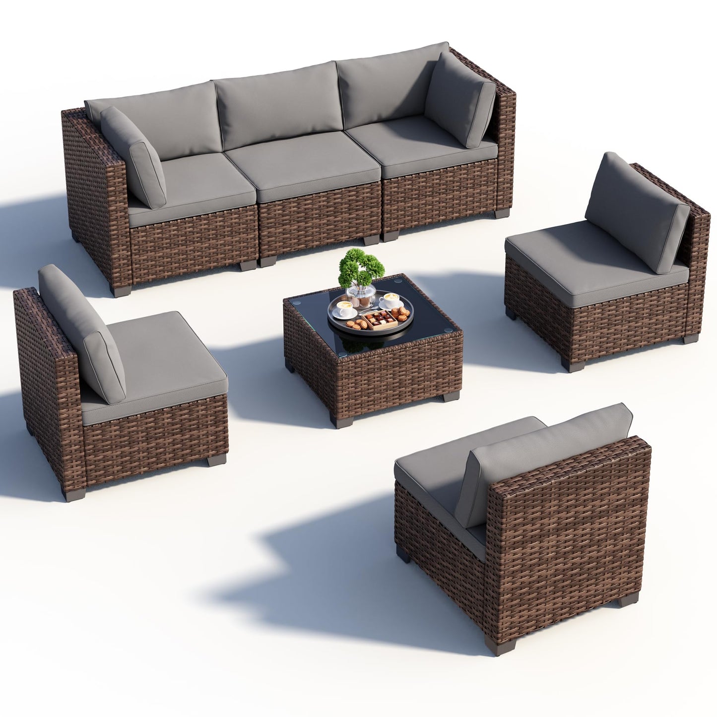 Qsun 7 Pieces Patio Furniture Set, Outdoor Sectional Rattan Sofa Set, Wicker Patio Conversation Set with Cushions and Glass Coffee Table, for Balcony, Porch, Garden, Grey