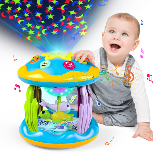 Baby Toys 6 to 12 Months, 4 in 1 Musical Rotating Projector, Tummy Time Light Up Infant Toys For 6-9 12-18 Months, Learning Toy Birthday Gifts for Baby Toddlers 1 2 3 Years old Boys & Girls