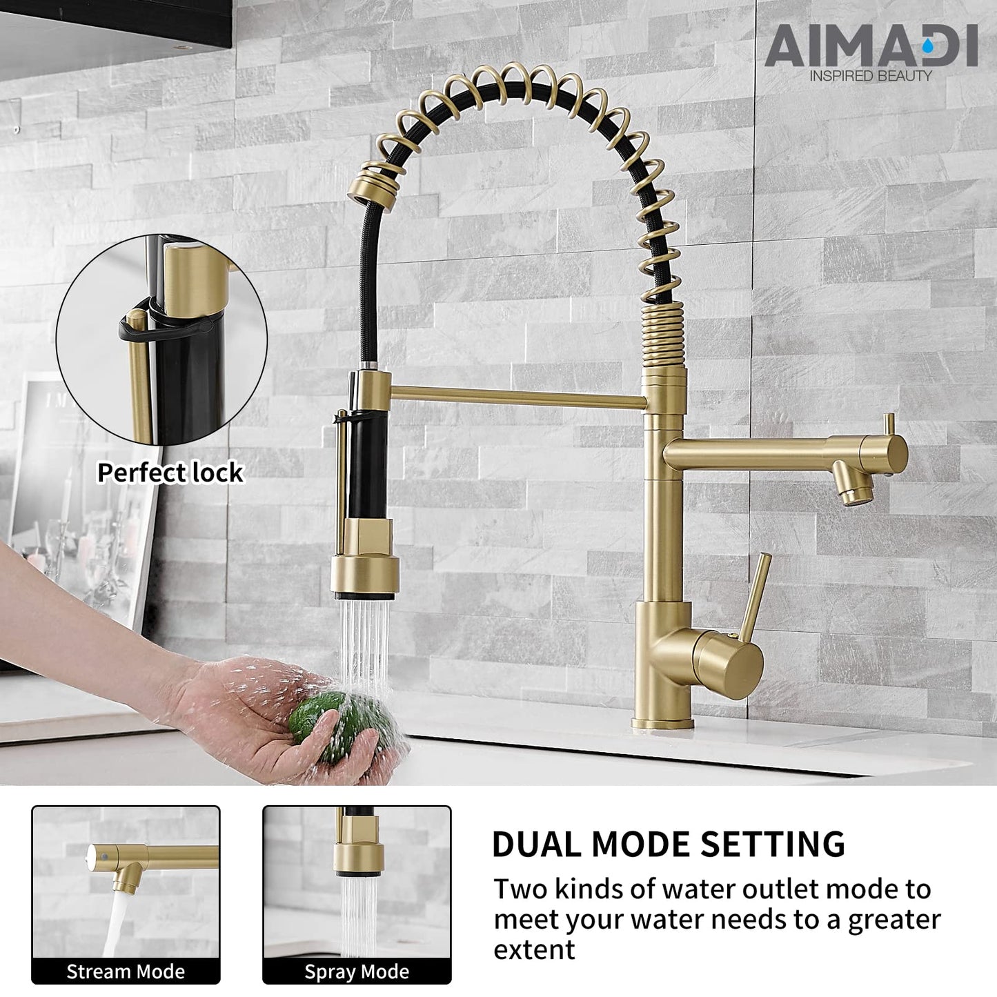 Brushed Gold Kitchen Faucet with Pull Down Sprayer, AIMADI Commercial Gold Kitchen Sink Faucet Single Handle Spring Two Nozzles Faucets