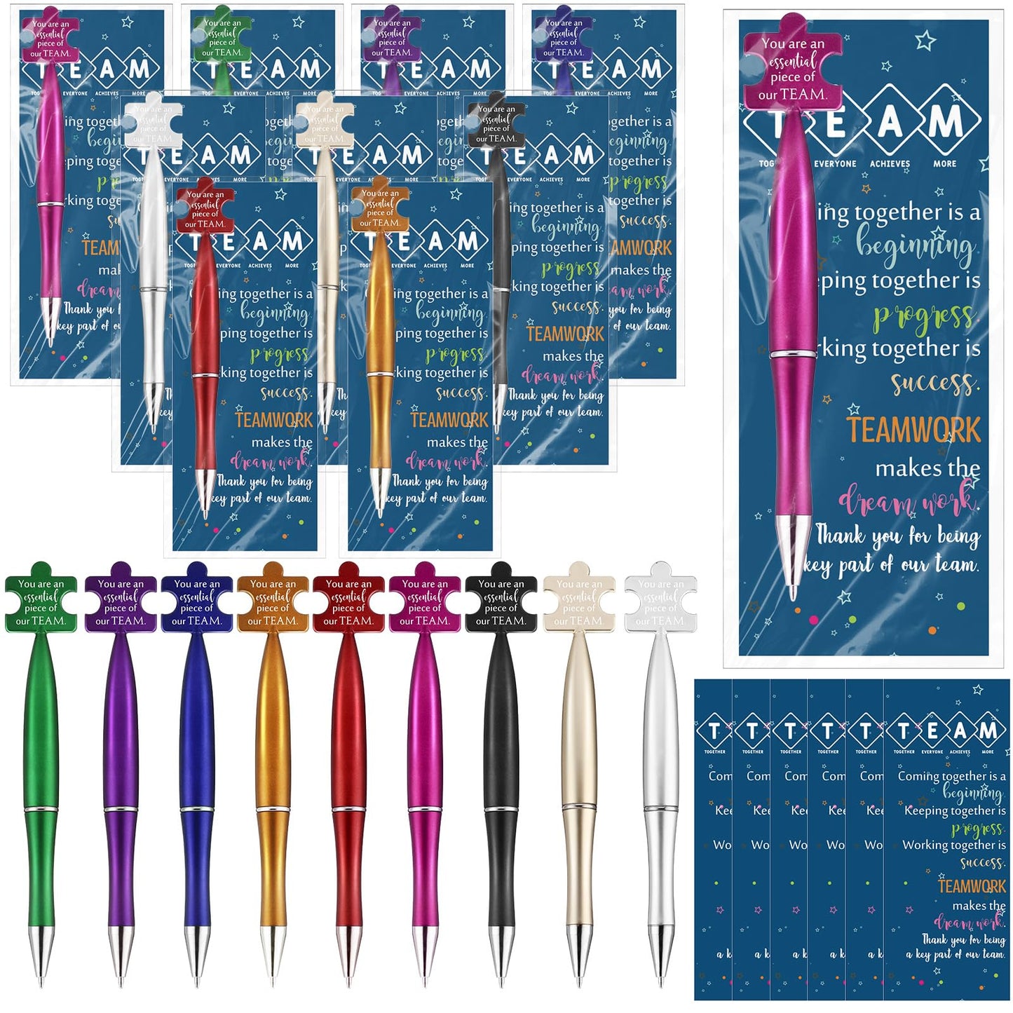 Sinload 30 Sets Team Appreciation Gifts Bulk Inspirational Puzzle Ballpoint Pens Motivational Cards Bookmark for Team Staff Office Coworker Employee Teamwork Gifts