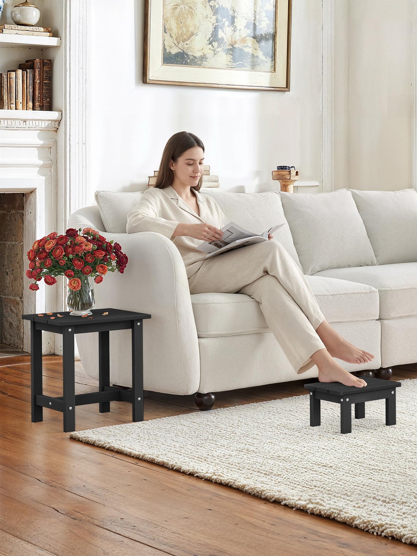 LUE BONA Outdoor Side Table, 2-Tier HDPS Outdoor Nesting End Table with Removable Small Foot Stool for Patio, Deck, Poolside, Low Maintenance & Weather Resistant,Black
