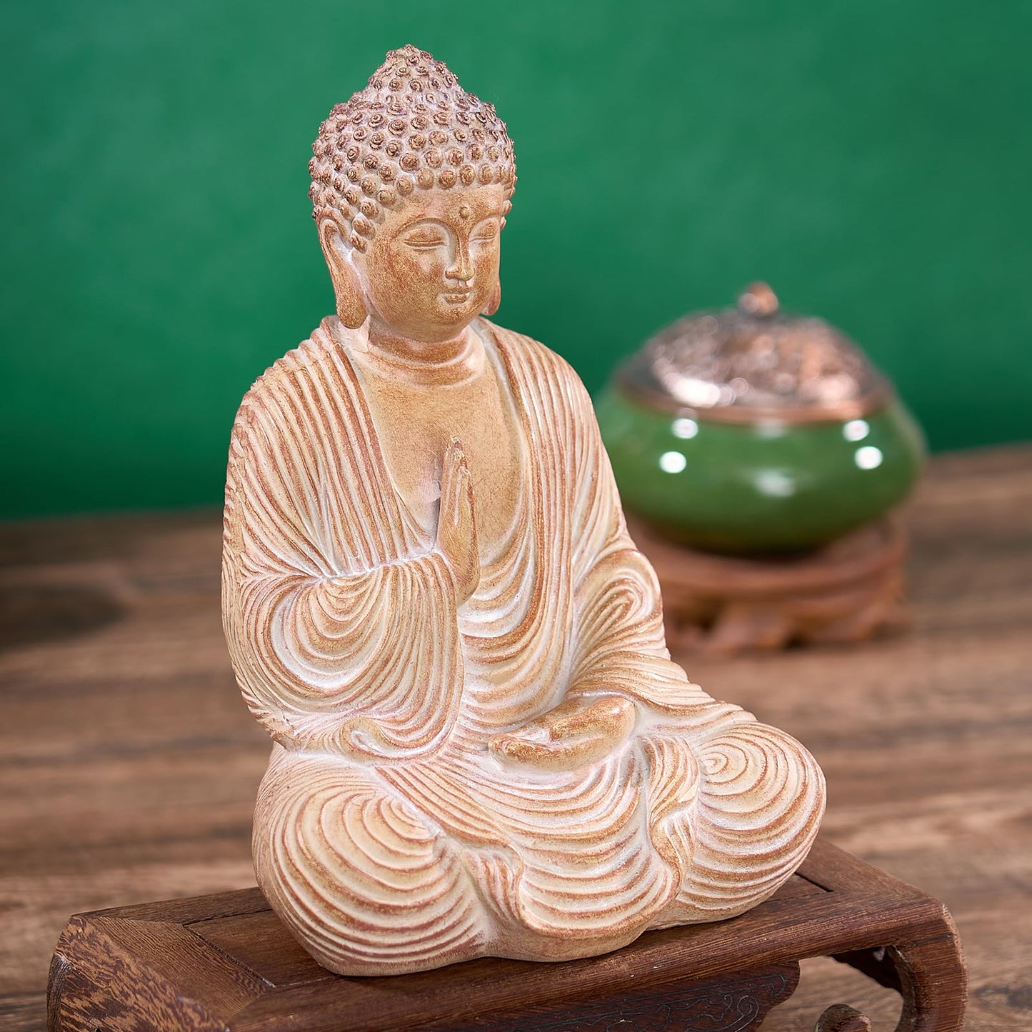 Swaite Zen Buddha Statue - Hand Carved Wood Grain Resin Meditation Decor, Feng Shui Ornament for Living Room Desk, Spiritual Space Zen Garden Decoration (Housewarming Gift/Mindfulness Aid, 7.87inch)