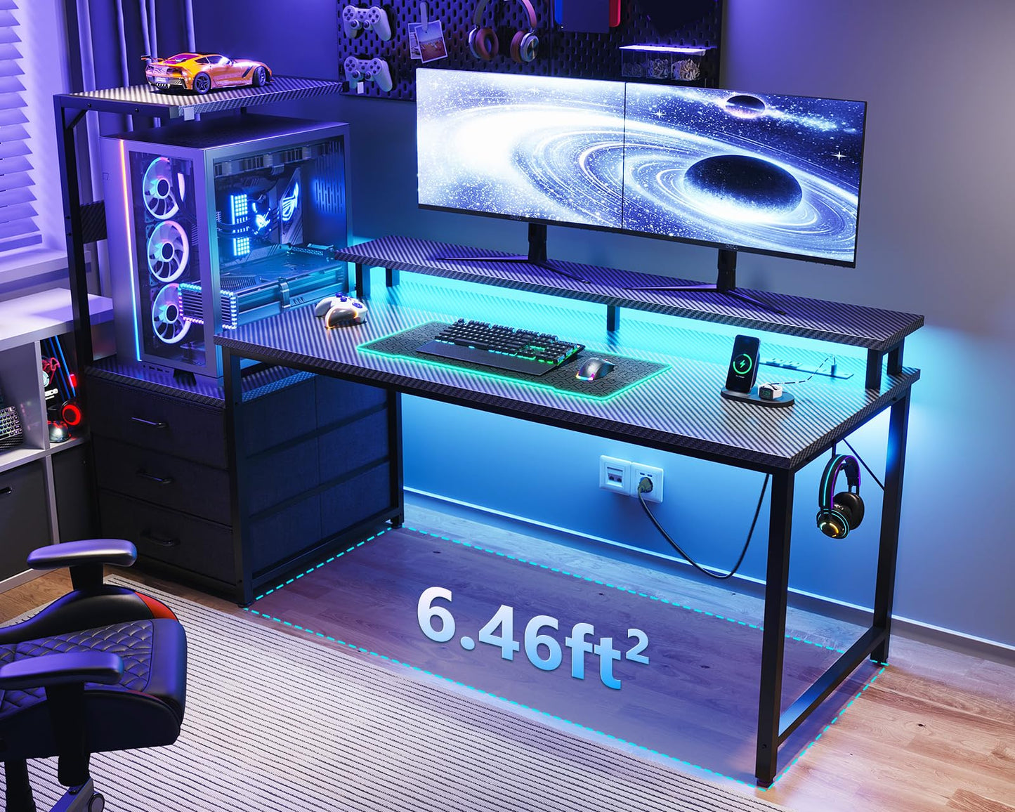 AODK 63 inch Gaming Desk with PC Display Stand, Reversible Steel Wood Computer Desk for Gaming Setup, Tiered Design to Show Off Your PC Tower & Accessories, Black