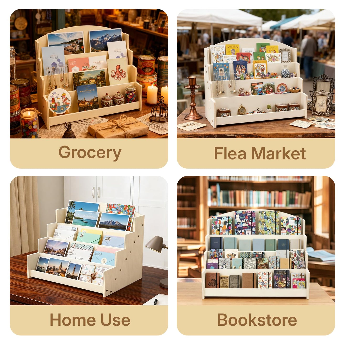 Aubeco 4 Tier 1Pc Wooden Greeting Card Display Stand, Sticker Organizer Rack, Retail Photos Shelf for Vendors Craft Collection, Retail Stores, Postcards, Jewelry, Snacks