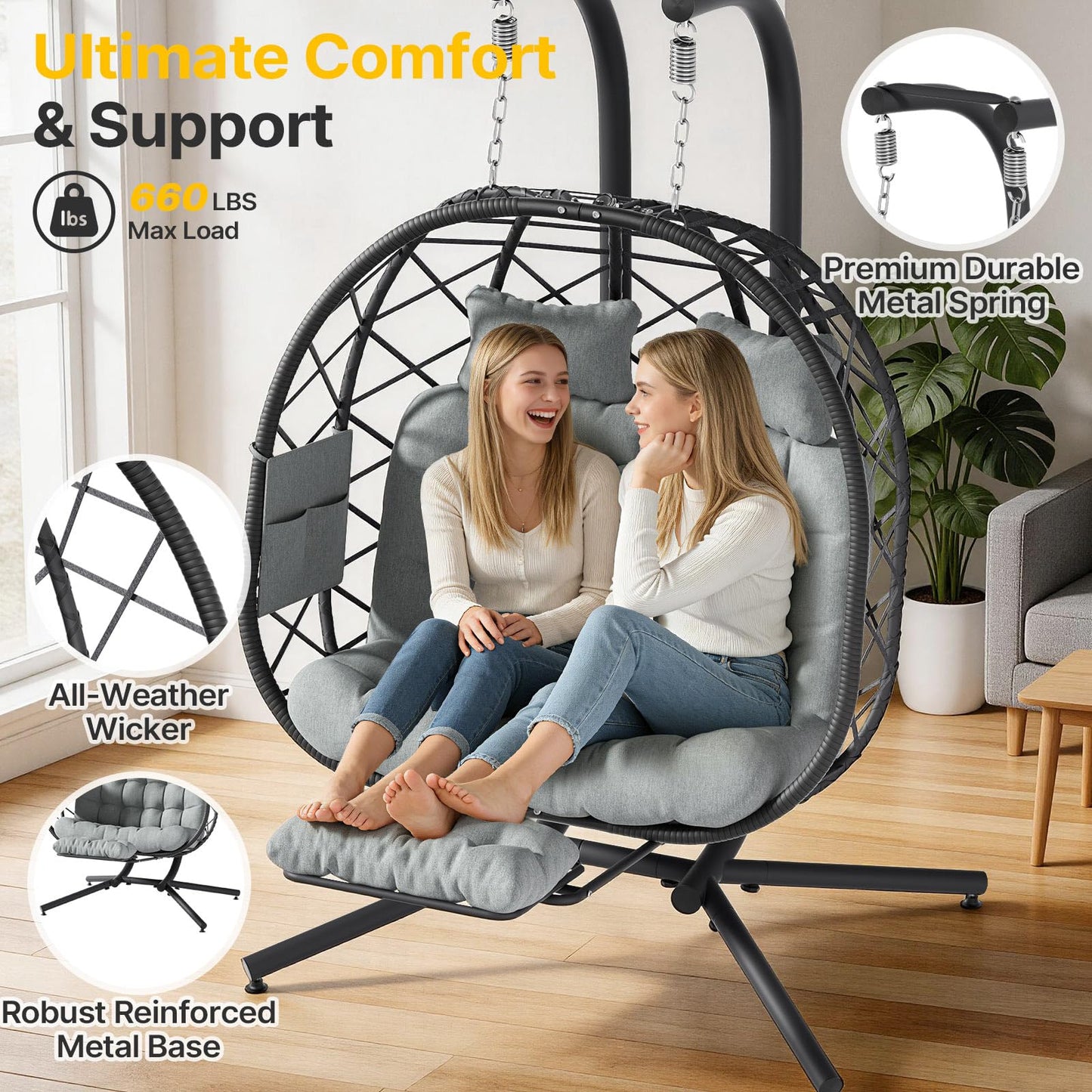 Suteck Double Hanging Egg Chair with Adjustable Footrest & Stand, Indoor Outdoor 2 Person Wicker Egg Swing Chair with Cushion, 660lbs Capacity for Patio, Bedroom, Garden - Grey