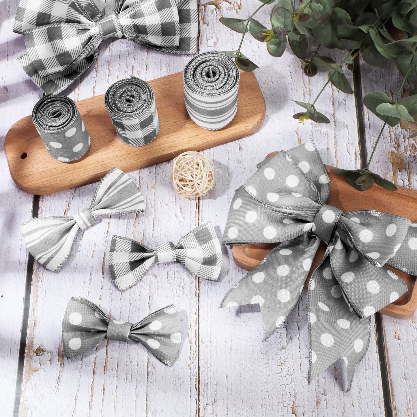 Moukeren Grey Wired Edge Plaid Ribbon 3 Rolls 2.5 Inch Farmhouse Buffalo Check Gray Ribbon Polka Dot Striped Belt Buffalo Plaid Belt Wire Decor for DIY Crafts Gifts Wreath Bow, 15 Yards
