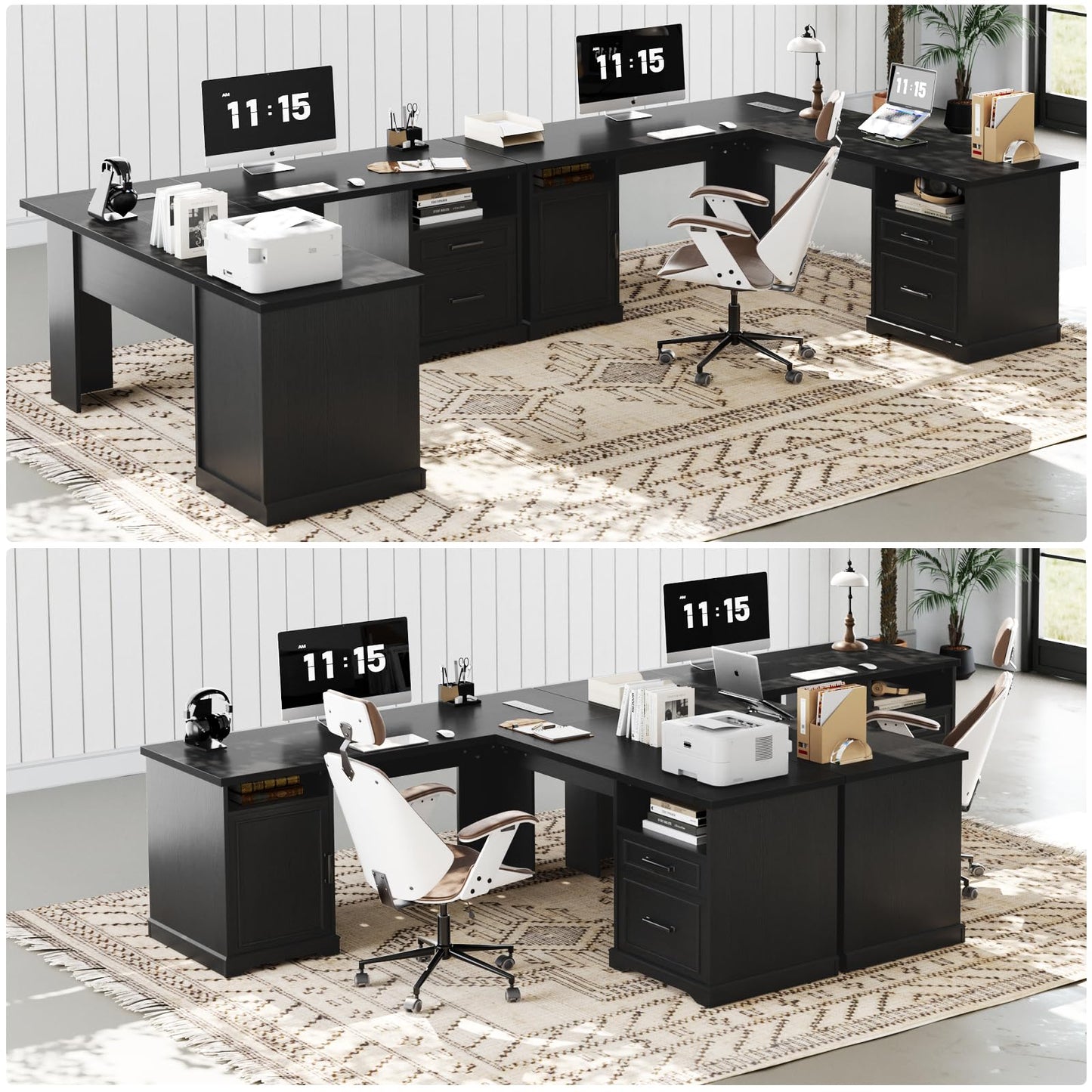 Unikito Farmhouse L Shaped Executive Desk with File Drawers, 60" Corner Computer Desk with Power Outlets, Large 2 Person Home Office Table with Storage Cabinet, Sturdy Writing Desk, Black