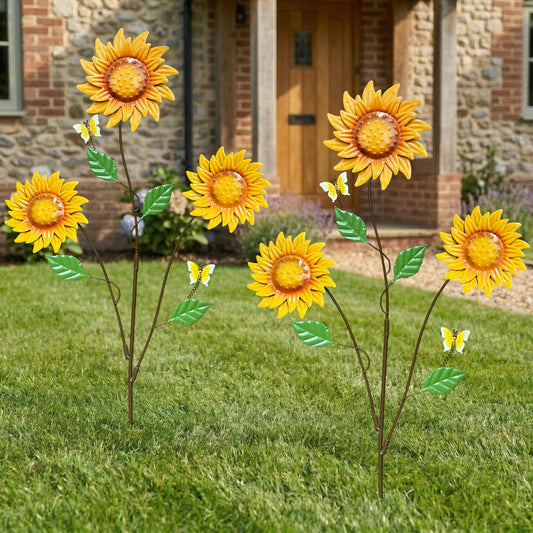 WKHOMEDECO Metal Flowers for Outside, 30-Inch Iron Sunflower Garden Stakes Set of 2, Metal Yard Art Outdoor and Garden, Decorative Garden Stakes for Patio & Lawn Decor (Yellow)