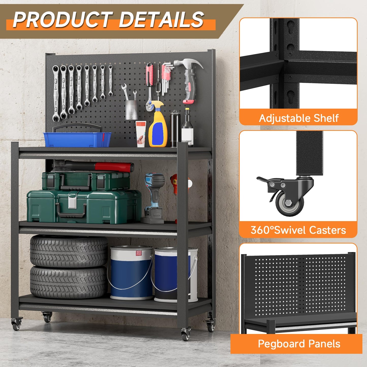 TOPASS Workbench with Pegboard, Adjustable Heavy Duty Work Table with Wheels, Heavy Duty Workstation, Metal Tool Work Bench for Garage Warehouse Workshop, 48" H x 18" D x 34" W, Black