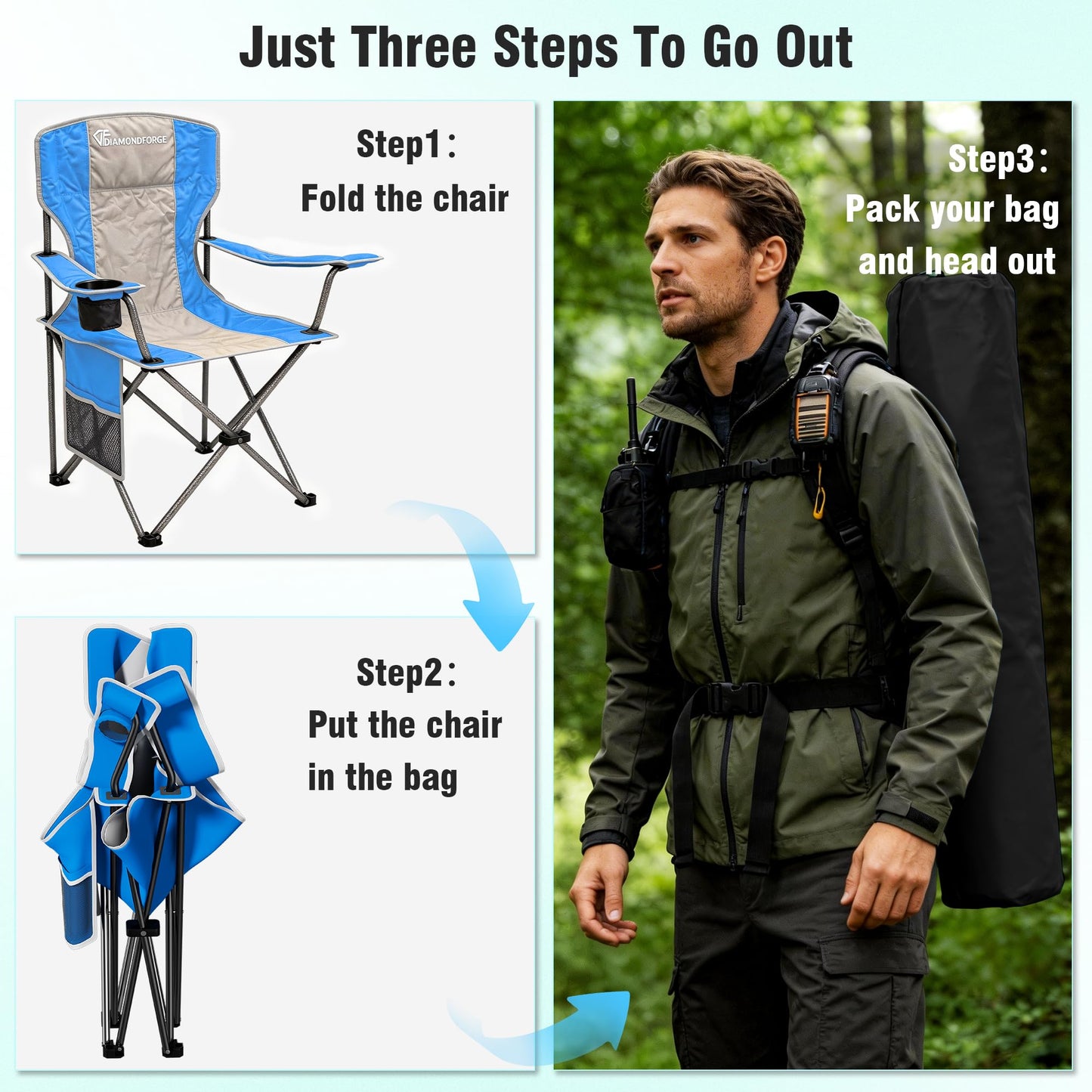 DIAMONDFORGE High Back Camping Chair for Adult, Portable Folding Camp Chair, Outdoor Camping Chair with Wide Cup Holder, Side Pocket for Hiking Fishing Sports, Blue Grey (2 Pack)