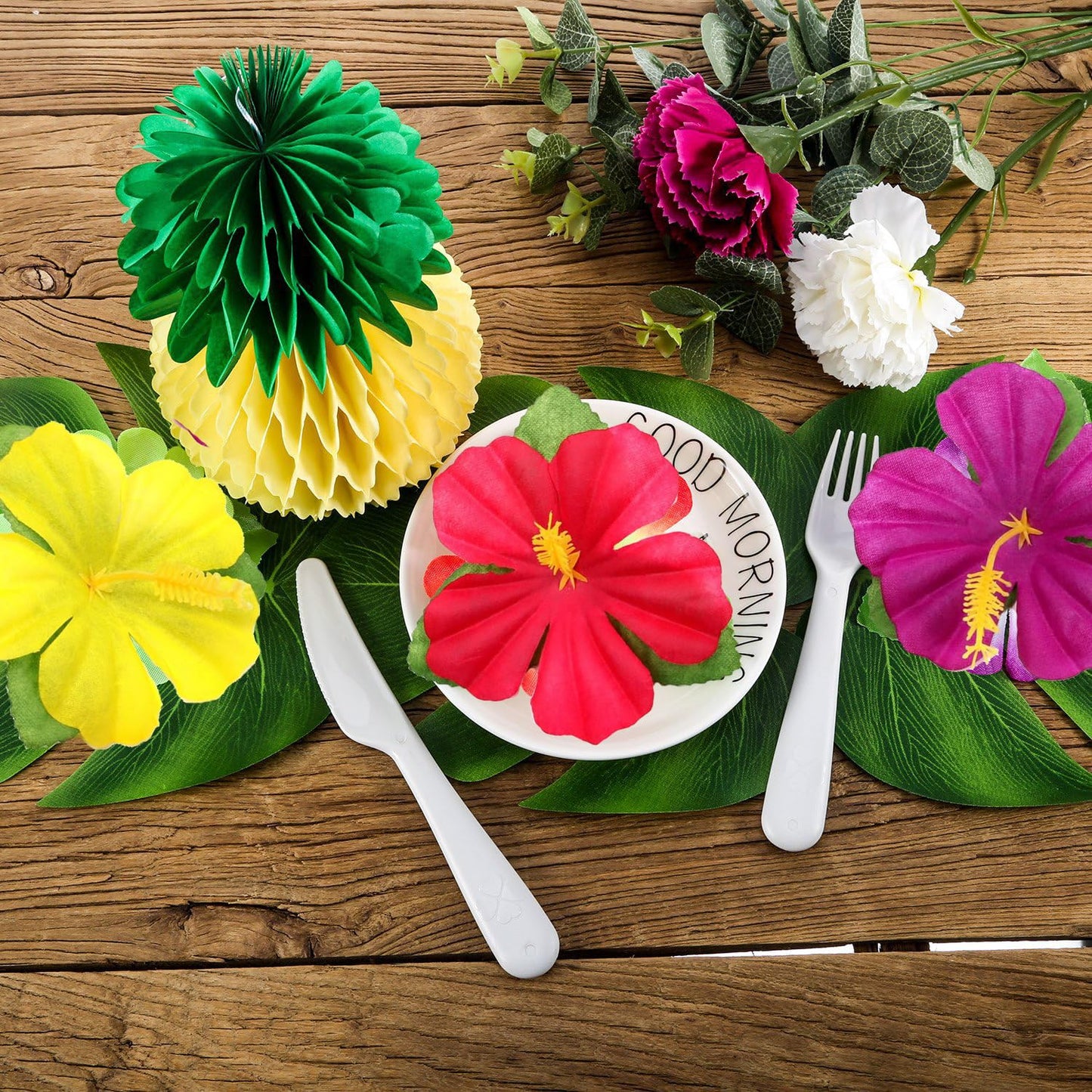 WEISPARK 105Pack Artificial Palm Leaves Hibiscus Flowers Tropical Party Decorations Supplies - 7 Kinds Fake Monstera Leaf for Safari Jungle Hawaiian Birthday Luau Party Theme Table Decor