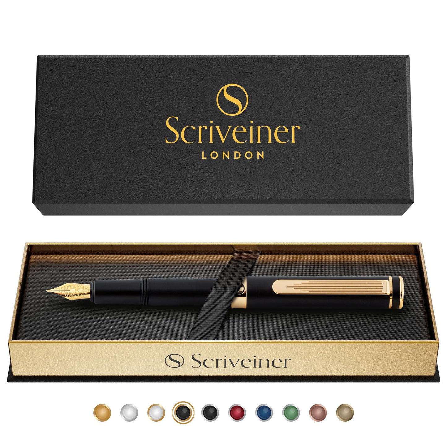 Scriveiner Luxury EDC Fountain Pen (Fine), Stunning Black Pocket Pen with Real Gold Finish, Schmidt Gilded Nib, Ink Converter, Best Writing Gift Set for Men & Women, Nice Fancy Office Designer Gift