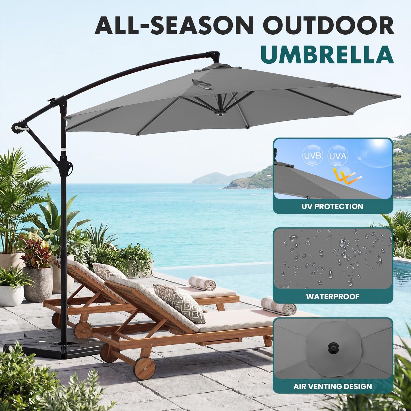 OLIXIS 9.8FT Offset Patio Umbrella with Base, Cantilever Table Umbrellas for Outdoor Sun Shade UV Protection with Easy Tilt Adjustment, 8 Ribs for Backyard, Lawn, Garden, Pool