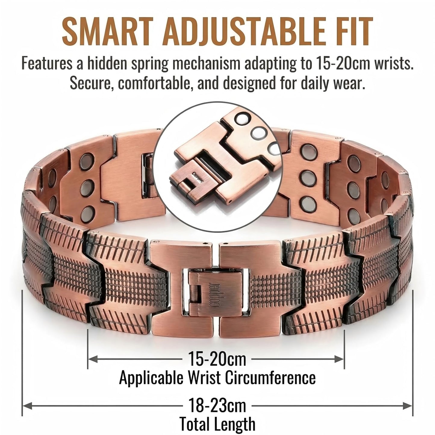 Picalela Magnetic Copper Bracelet for Men Women, 99% Pure Solid Copper Bracelet with Magnets, Adjustable Clasp, Retro Design for Circulation & Fatigue Relief (BLACK)