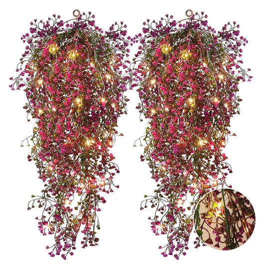 RECUTMS 4Pcs Fake Ferns Artificial Hanging Plants with 30 LED Lights Ivy Flowers Large Faux Hanging Plant for Indoor Outdoor Room Garden Porch Wedding Party Decorations (Fuchsia)