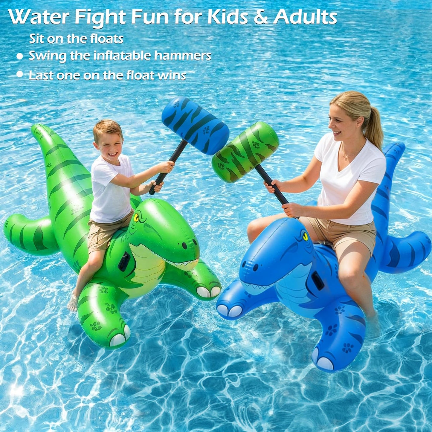 Jasonwell Pool Games Toys Floats -2Pack Inflatable Dinosaur Pool Floats with Blow Up Toy Hammers Ride on Pool Floaties for Kids Teens Adults Lounge Raft Summer Lake Beach Party Decorations (GN&BU XL)