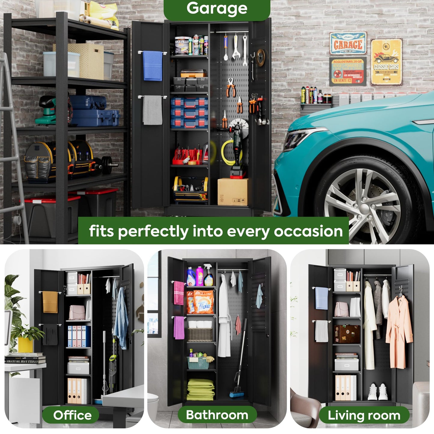 Broom Closet Storage Cabinet with Wheels and Pegboard,Metal Garage Storage Cabinet with Doors and Adjustable Shelves for Garage Home,Required Assembly,Black