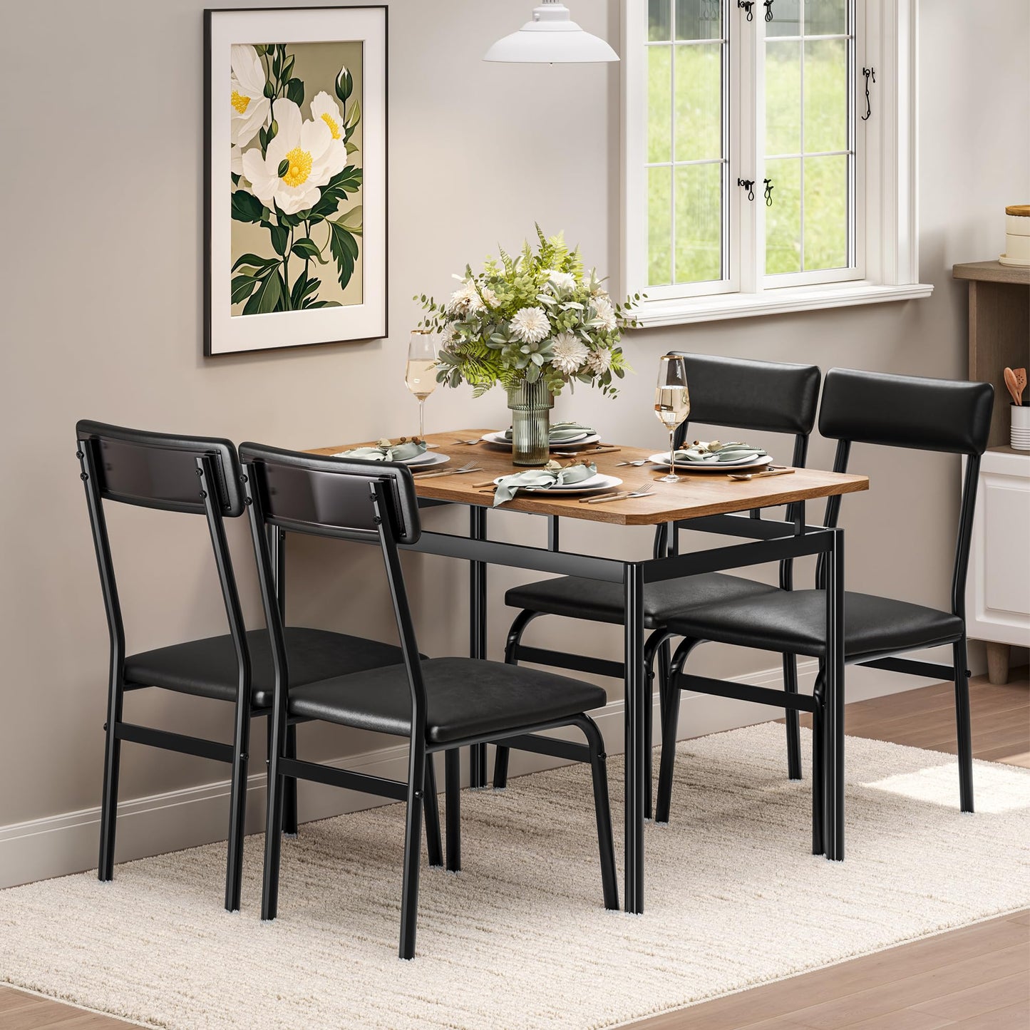 Takywep Dining Table Set for 4, 5 Piece Wooden Kitchen Table with PU Upholstered Chairs, Sturdy Industrial Metal Frame, Space-Saving Design for Apartment, Breakfast Nook