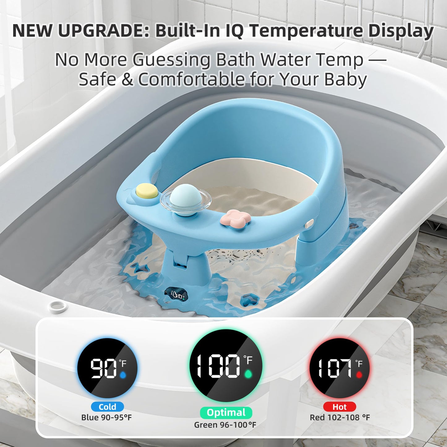 Baby Bath Seat for Babies 6 Months & up with Thermometer, Non-Slip Toddler Bath Seats for Sitting Up, Safe Infant & Newborn Bathtub Chair with 4 Suction Cups, Soft Cushion & Temperature Display, Blue