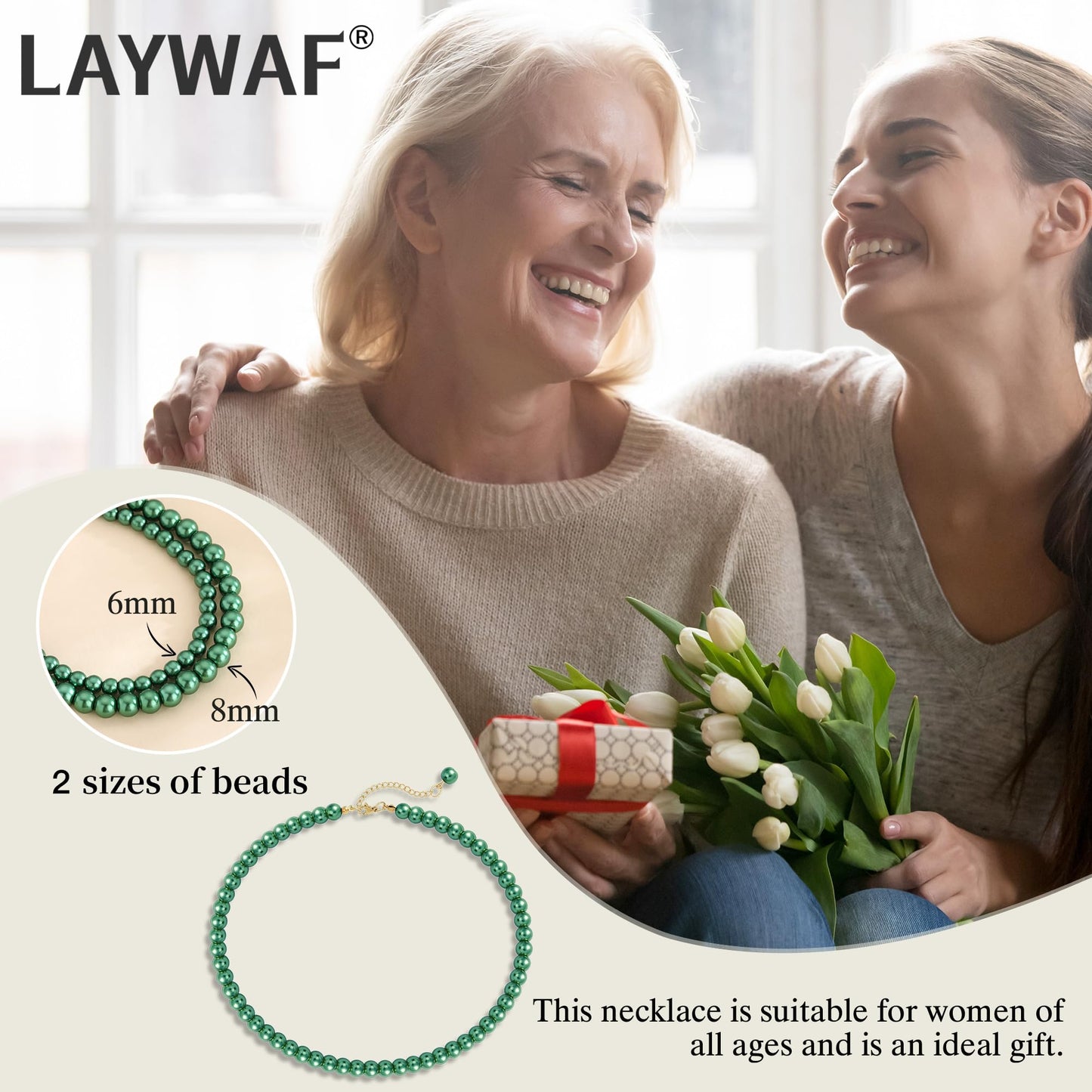 LAYWAF Green Imitation Pearl Necklace for Women, Fake Pearl Choker, 8MM Beaded Necklace, Simple Dainty Faux Pearl Jewelry for Mom Wedding Bride, Costume Pearl Accessories