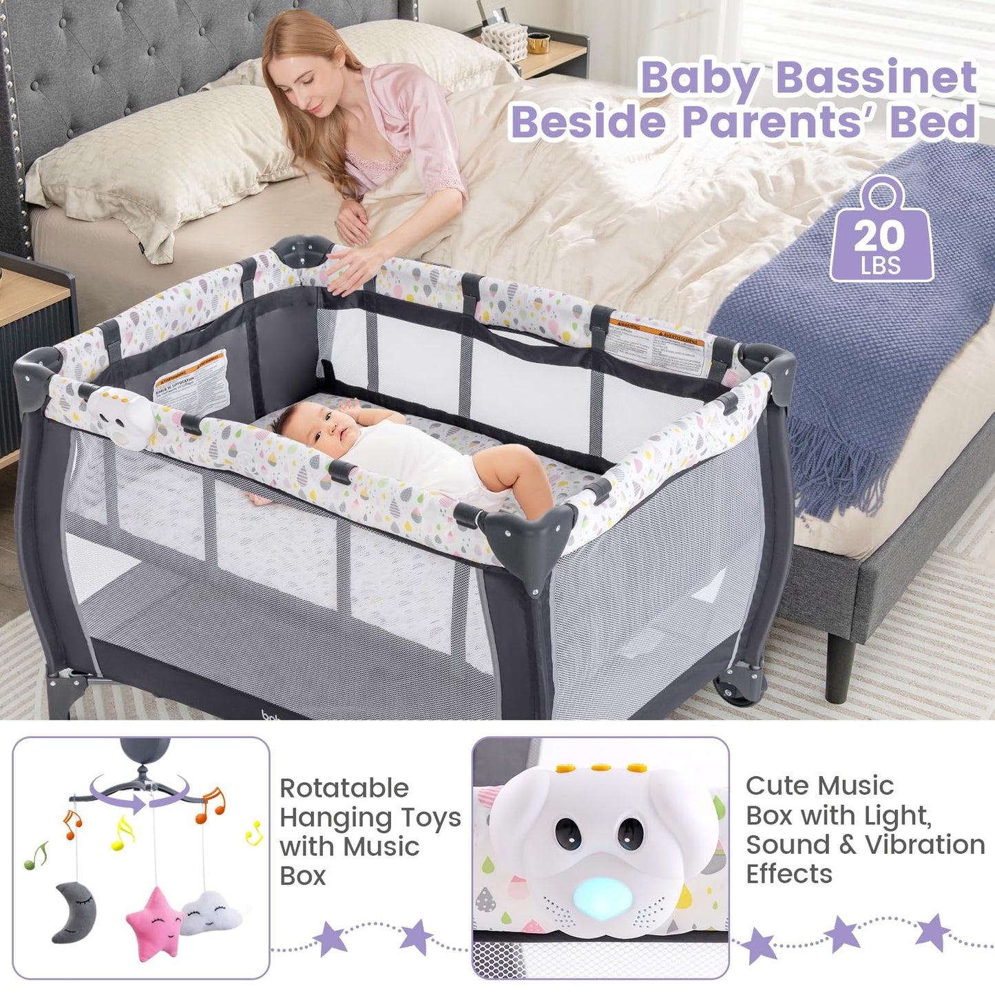 Costzon 3 in 1 Pack and Play with Bassinet, Portable Baby Playard with Changing Table, Music Box, Whirling Toys, Wheels/Brake, Basket, Foldable Infant Bassinet Crib for Baby Toddlers Indoor Outdoor