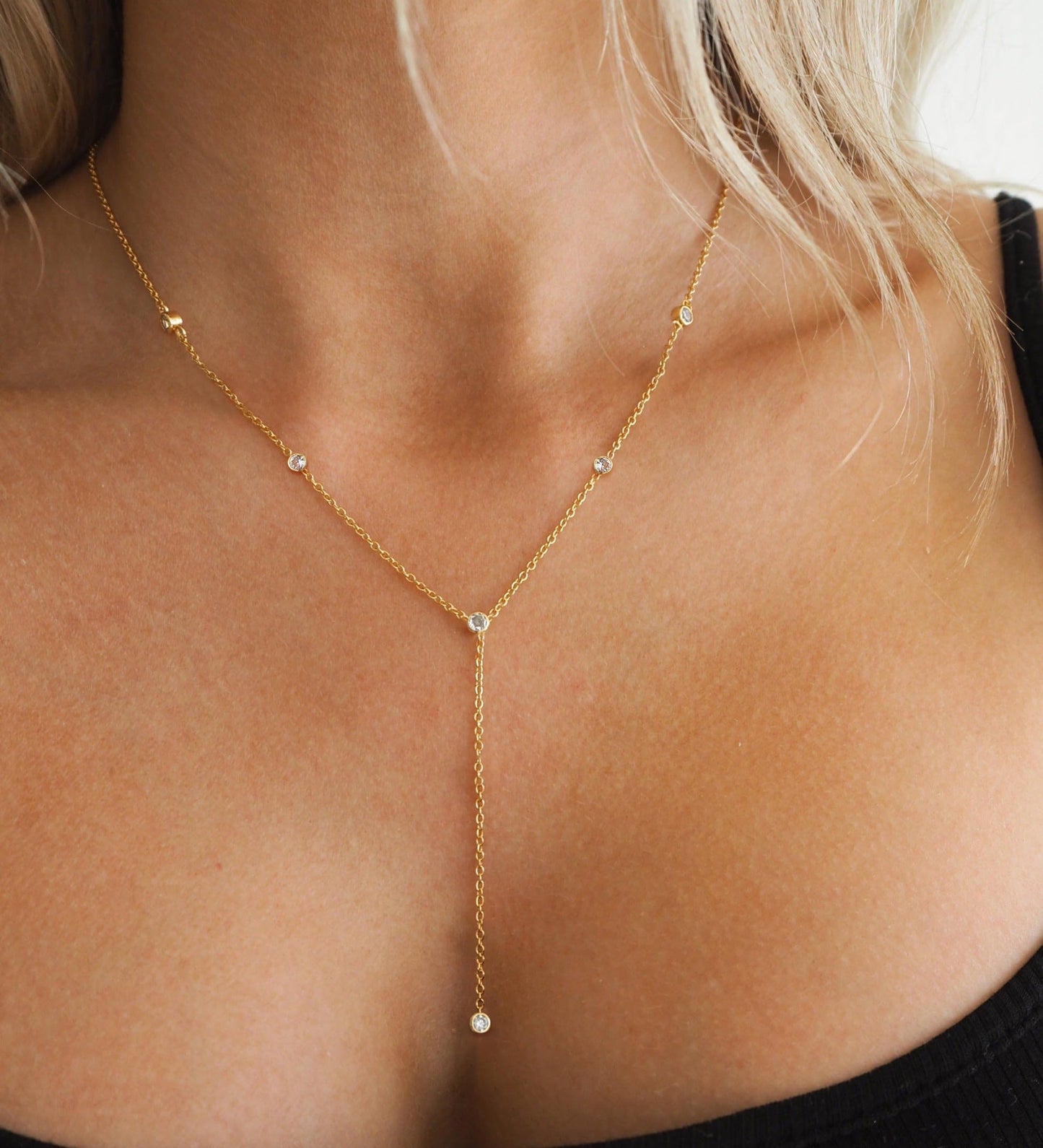 FUCJOEE Dainty Gold Necklace for Women, 14K Gold Plated CZ Y Shaped Lariat Necklace Cute Long Necklaces for Women Trendy Simple Drop Necklace Summer Gold Jewelry Gifts