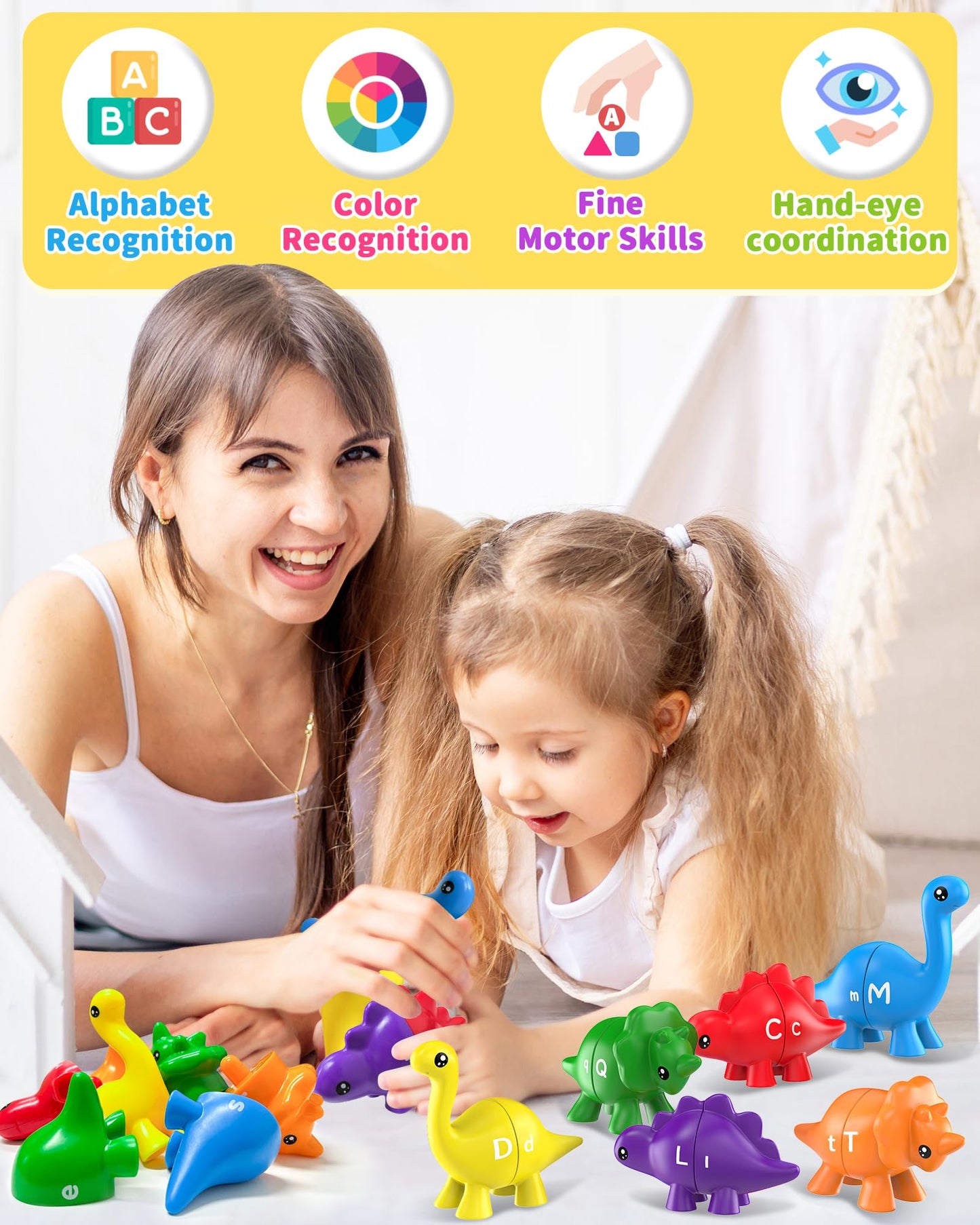 Walenty 26PCS Dinosaur Alphabet Learning Toys for Toddlers Kids 3-5, Montessori Educational Toys Gifts for 3 4 5 Year Old Boy Girl, Preschool Learning Activities, Double Sided ABC Matching Game