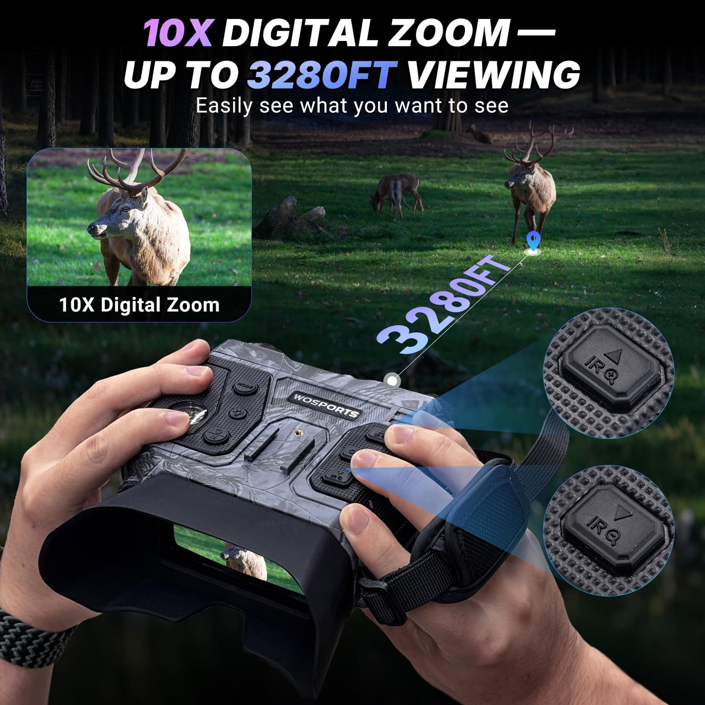 WOSPORTS 4K Night Vision Goggles with 48MP Photo, 3280ft Full Color Vision, 1300ft IR Distance, 3" HD Screen, 10X Optical Zoom, 5000mAh Battery, Binoculars for Wildlife Observation, Gifts for Men