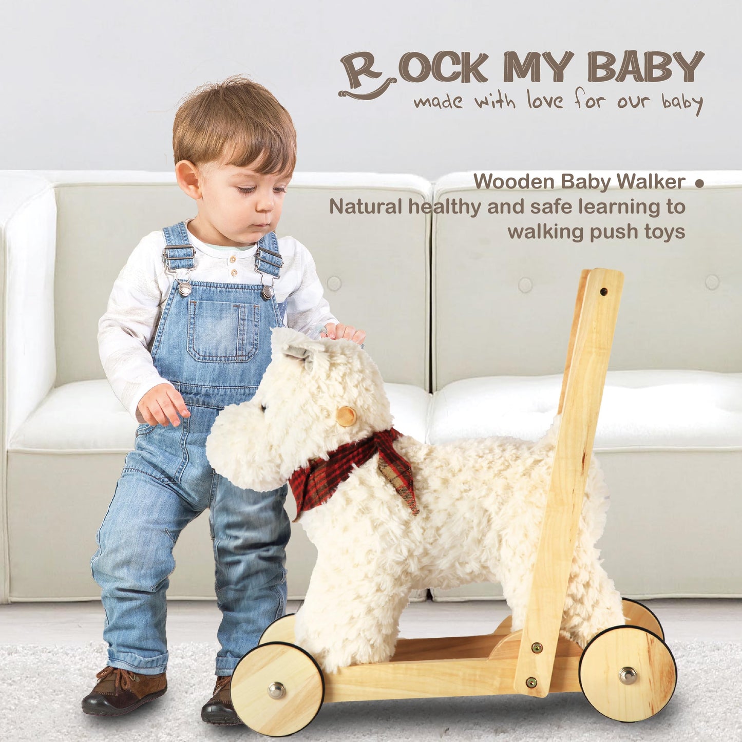 Rock My Baby Wooden Baby Walker, Baby Push Walker with Wheels for 12M+, Toddler Learning to Walk Toy with Sweet Music ＆ Animal Seat 2 in 1 Sit-to-Stand Walker Toy Gift for Boy Girl (Scottie Dog)