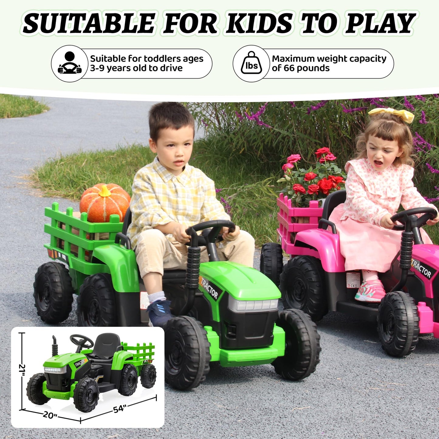 TOBBI Kids Electric Ride On Toy Tractor, Toddlers 12V Battery-Powered Car to Drive, 35W Dual Motor 6-Wheels Trailer Vehicle with 3-Speeds/LED & Horn Functions for Chirdren Aged 3-6-Dark Green