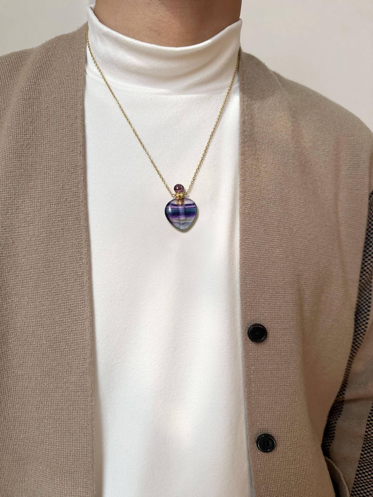 Ladywowu Perfume Bottle Necklace, Heart Shape Fluorite Crystal Necklace, Natural Gemstone necklaces for Women, Heaing Stone Vial Necklace Pendant for Liquid, Essential Oil