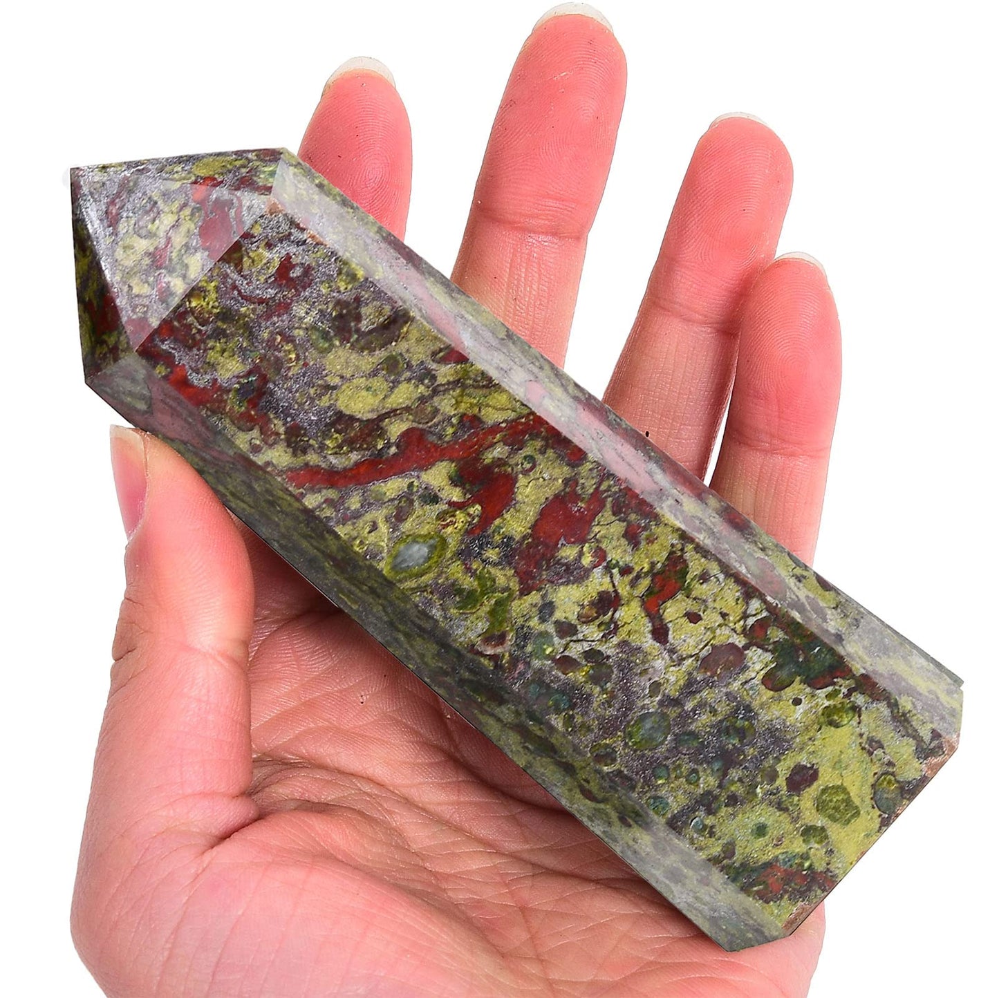 AMOYSTONE Bloodstone Obelisk Large Healing Crystal Wand Tower 6 Faceted Column Reiki Chakra Meditation Therapy Green Red 0.6-1.1 LBS
