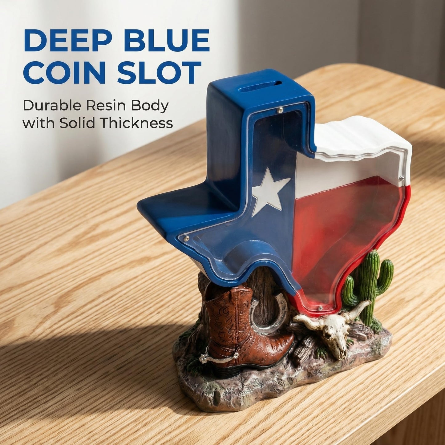 Texas Souvenir, Texas Piggy Bank - Texas State Design with Cowboy Boot, Horse Shoe & Cactus Western Decor for Desk & Home, Texas Gifts for Man or Woman.