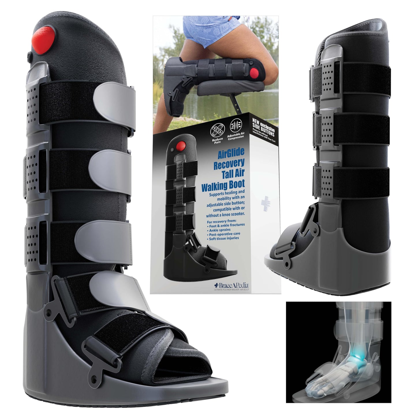 Tall Side Pump Fracture Boot, Medical Grade Foot Brace for Fractures, Cart Friendly Ankle Boot & Brace, Adjustable Air Pump, Sprain & Injury Recovery, Post Op Shoe, Foot Boot for Injured Foot, Medium